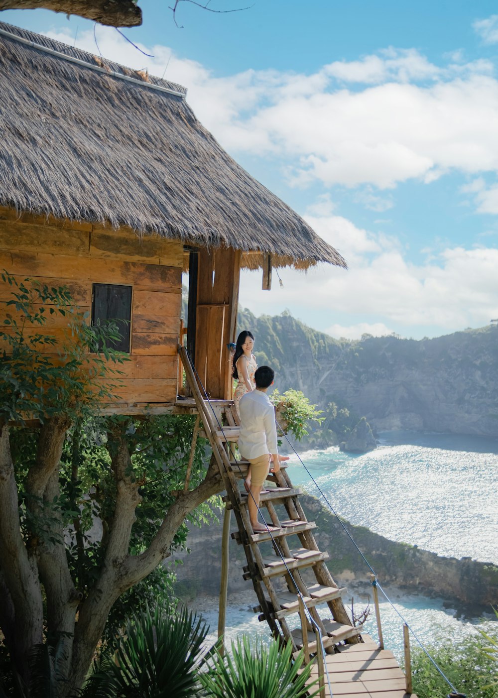 a couple of people on a wooden ladder by a house with a snowy mountain in the background