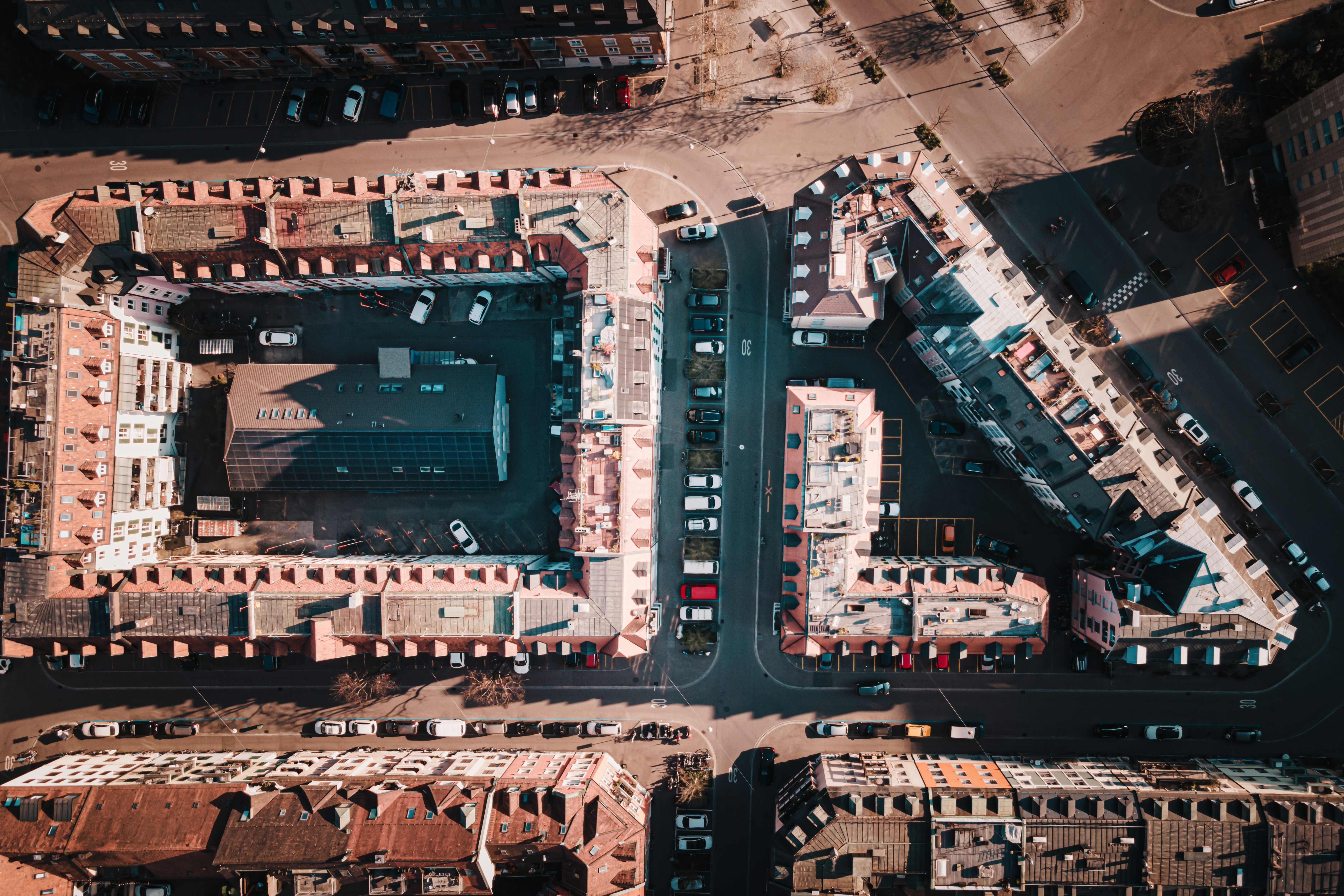 Aerial view of 405 Howard Street with solar panels