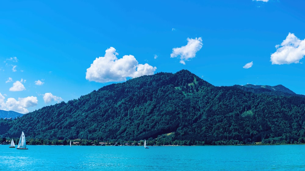 a body of water with boats and a mountain in the background