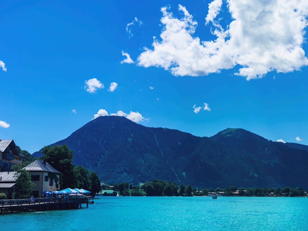 a body of water with buildings and trees by it