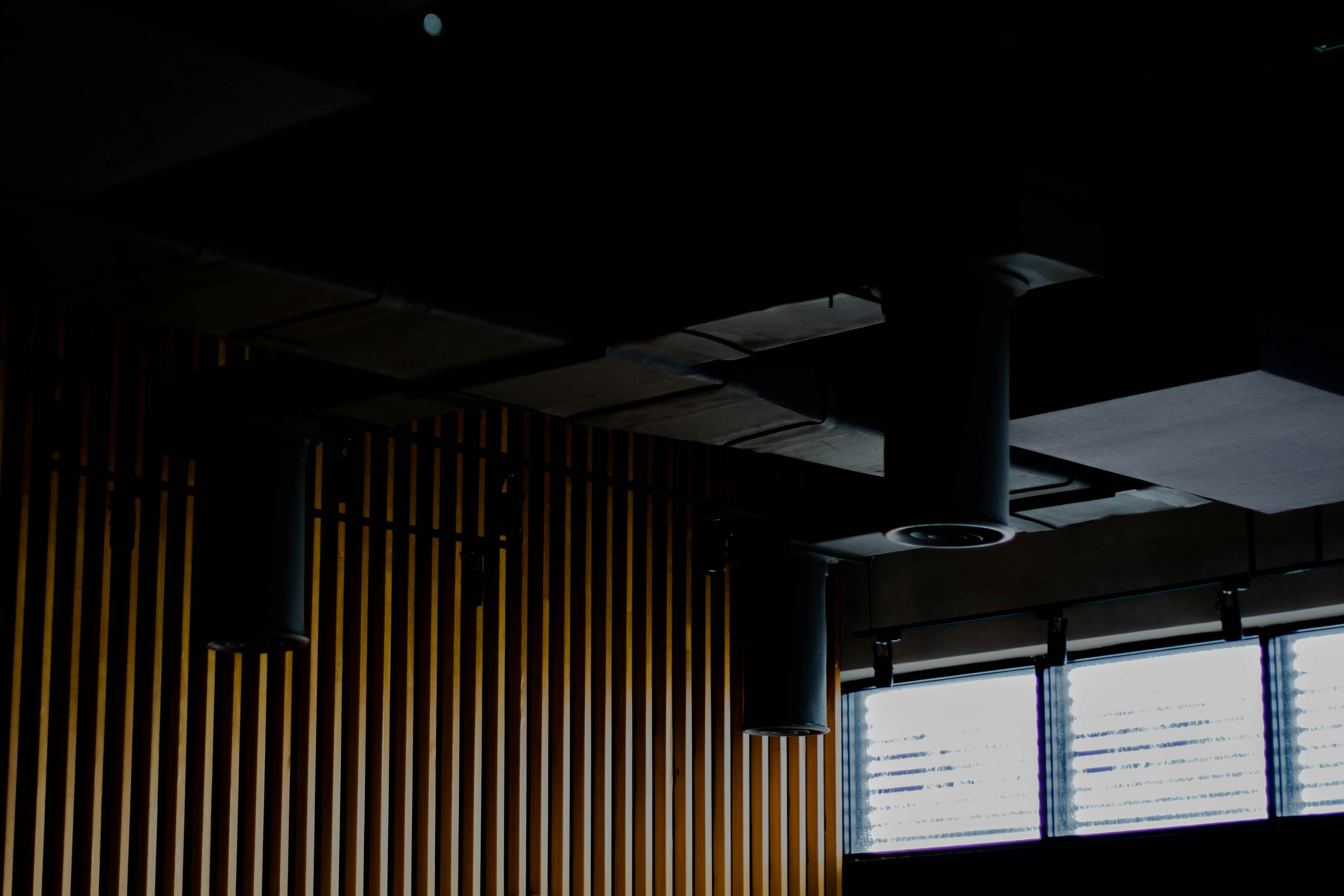 Acoustic baffles and ceiling panels in a commercial office space, reducing noise transmission.