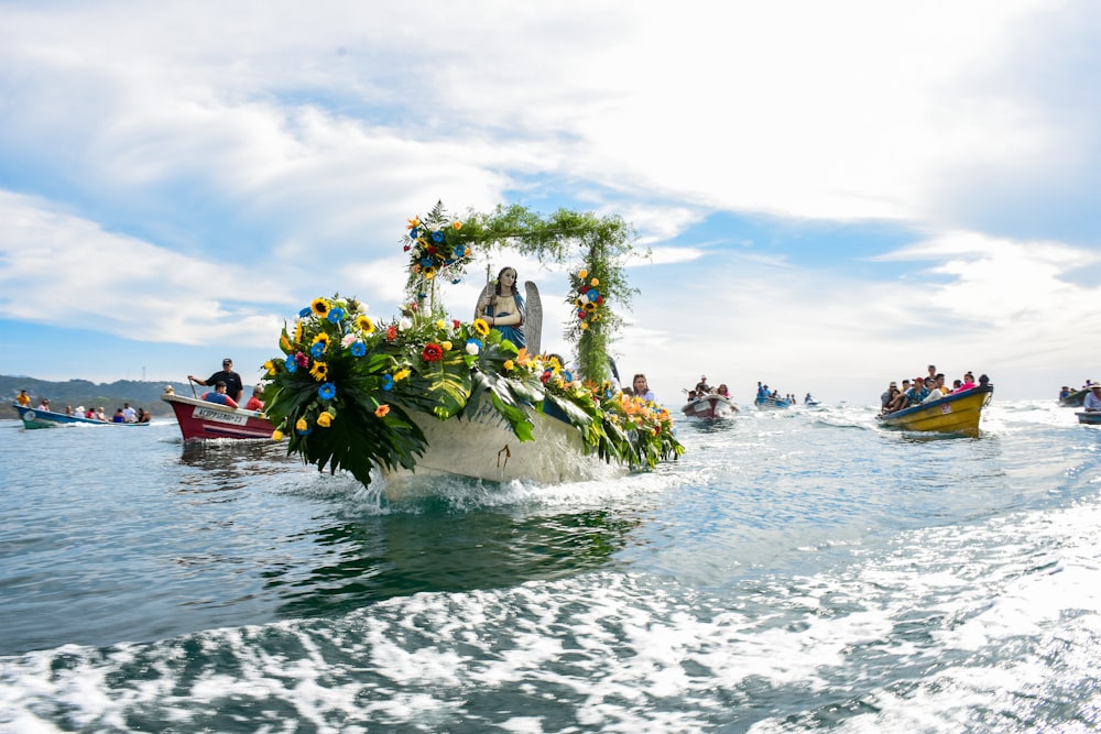 a group of people on a float in the water