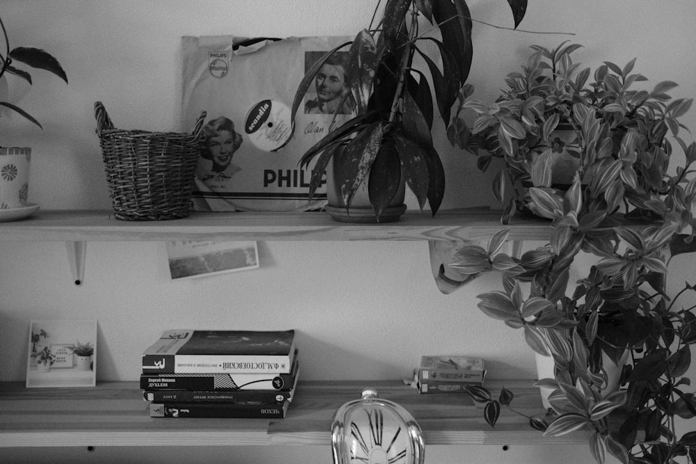 a shelf with books and a basket