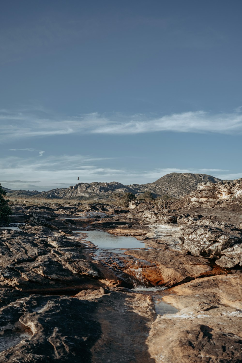 a rocky landscape with a river running through it