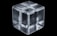 A transparent, glass-like cube with intricate reflections and refractions is placed against a black background. The cube has clean edges and shows subtle internal structures that resemble lines or fibers.