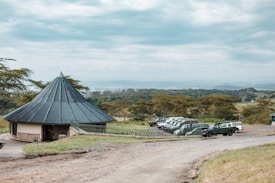 A conical-roofed building situated in a grassy landscape with a row of parked safari vehicles nearby. The area is surrounded by lush trees, and the horizon features expansive views of distant hills under a cloudy sky.