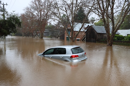 A silver car is partially submerged in floodwaters, surrounded by brown, murky water. Trees with bare branches and buildings with metal roofing are present in the background.