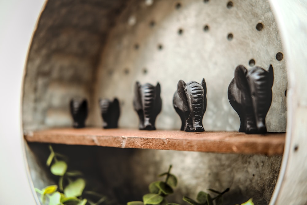 a group of black penguins on a wooden shelf