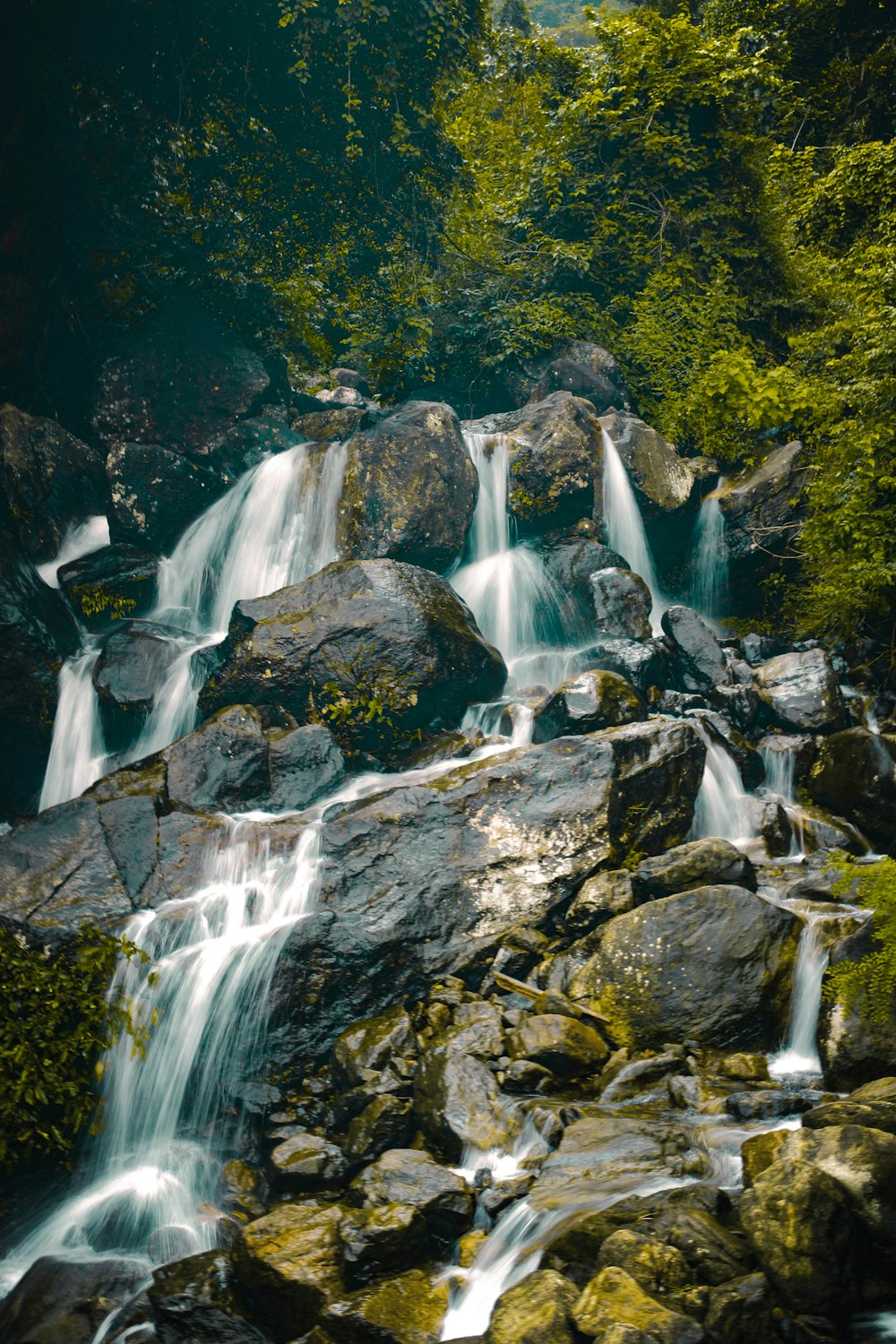 a waterfall with rocks and trees