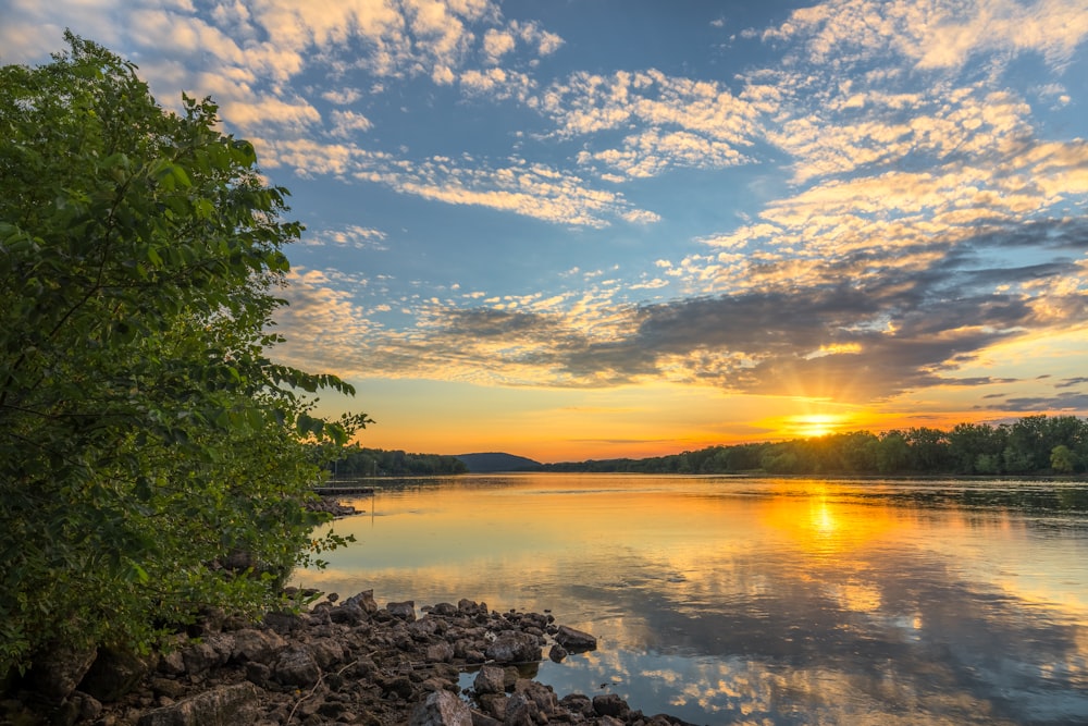 a body of water with trees and a sunset in the background