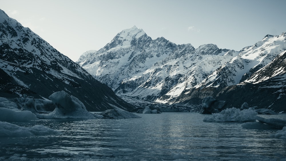 a body of water with ice and snow covered mountains in the background