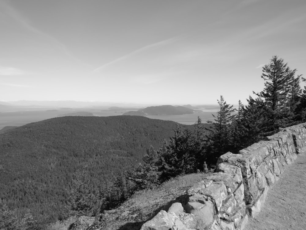 a rocky hillside with trees and a body of water in the background