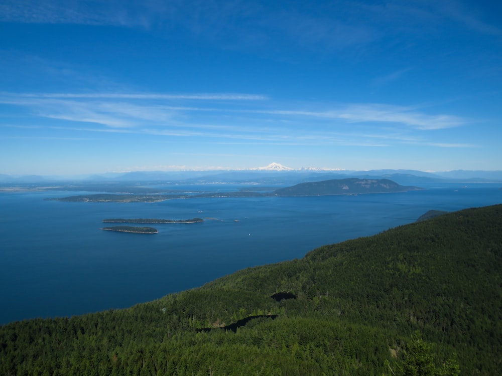 a grassy hill overlooking a body of water