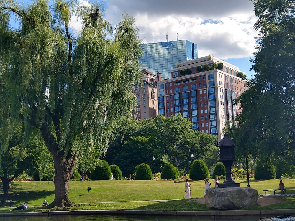 a park with trees and a building in the background