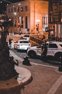 A nighttime city street scene featuring three police vehicles parked near a building. Several police officers are present, one standing outside a car. The area is illuminated by streetlights and string lights hanging above. A large statue is visible in the foreground with a plaque in front, and there are some bollards along the sidewalk.