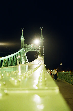 A nighttime shot of a lit bridge highlighting its structural design.