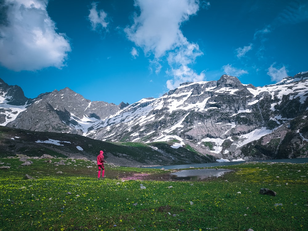 a person standing in a field with a mountain in the background