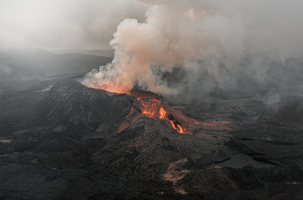 a volcano erupting with lava