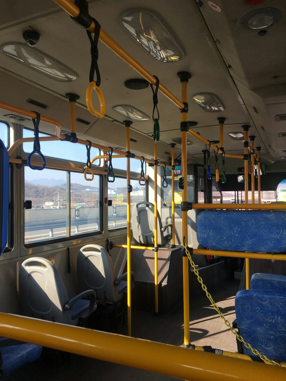 a bus with yellow seats
