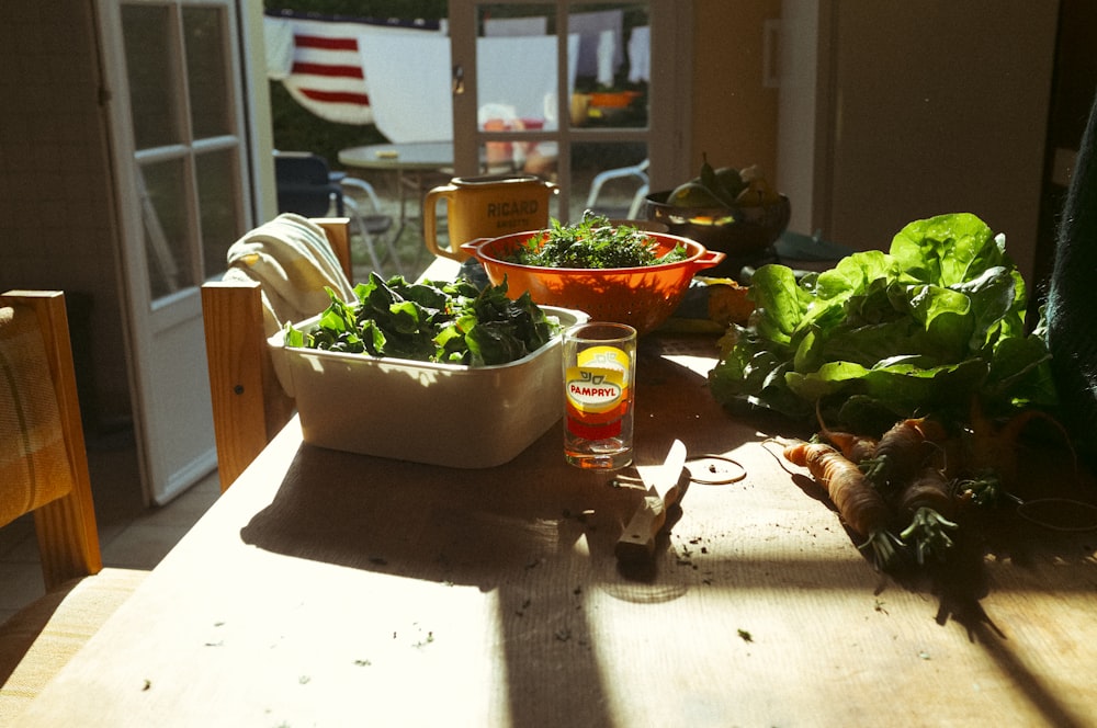 uma mesa com plantas e uma lata de refrigerante sobre ela