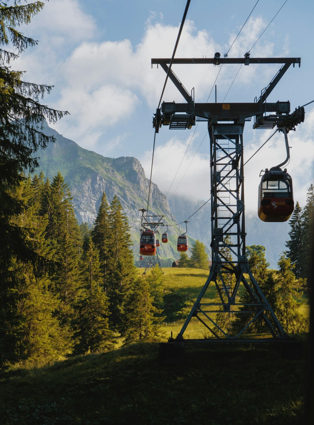 a group of people riding a cable car