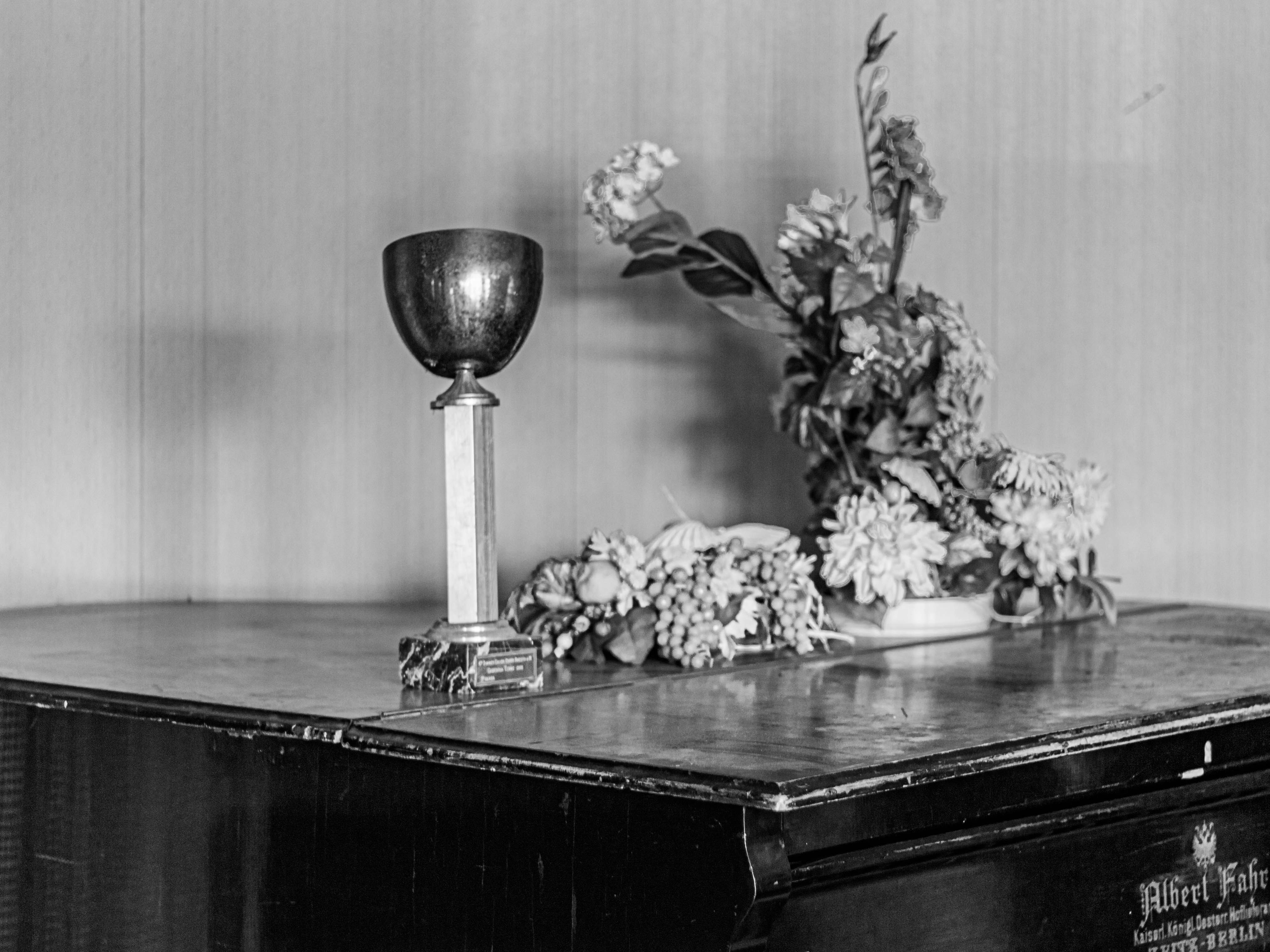a vase with flowers on a counter
