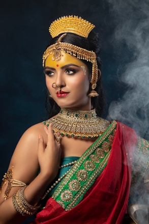 a woman in a colorful dress