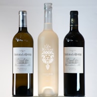Three wine bottles are displayed side by side against a plain background. The left bottle is labeled as white wine, 'Le Blanc de Chateau de La Riviere Bordeaux Millesime 2020'. The center bottle has a frosted appearance with a lion emblem and the text 'Le Lion de La Riviere'. The right bottle is labeled as red wine, 'Grand Vin de Chateau de La Riviere Fronsac Millesime 2016'.