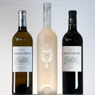 Three wine bottles are displayed side by side against a plain background. The left bottle is labeled as white wine, 'Le Blanc de Chateau de La Riviere Bordeaux Millesime 2020'. The center bottle has a frosted appearance with a lion emblem and the text 'Le Lion de La Riviere'. The right bottle is labeled as red wine, 'Grand Vin de Chateau de La Riviere Fronsac Millesime 2016'.