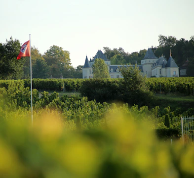 Wide view of the Domaine d’Arry’s landscaped park with historic monuments.
