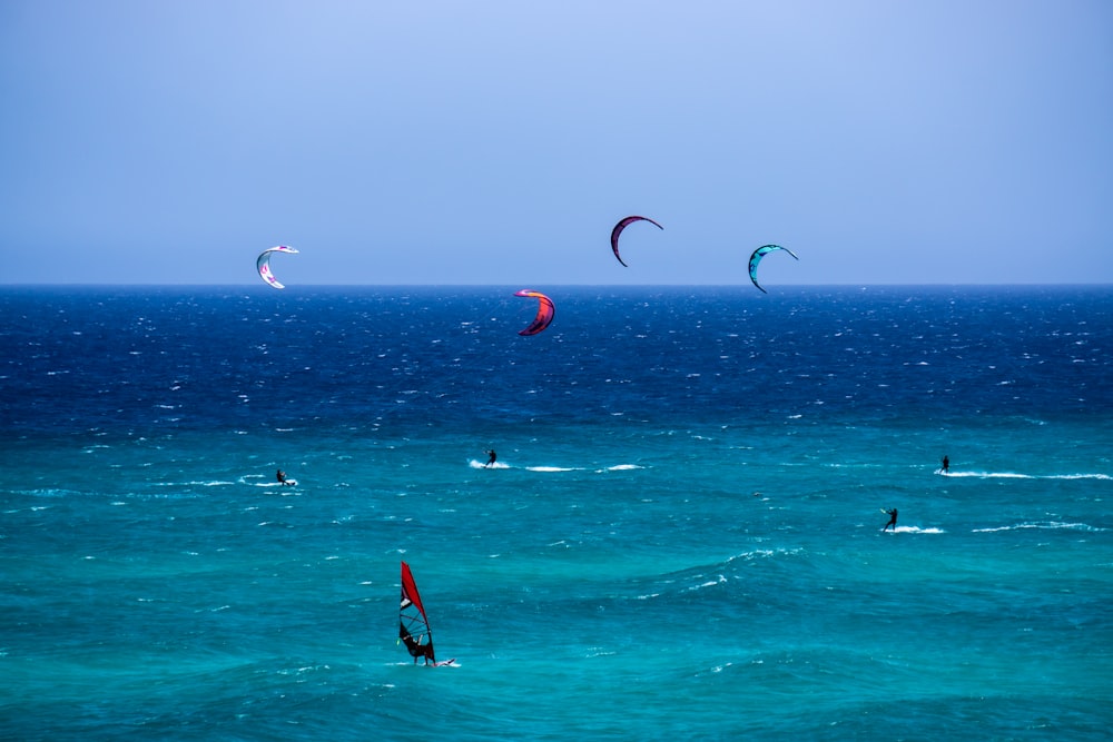 people are kite surfing in the sea