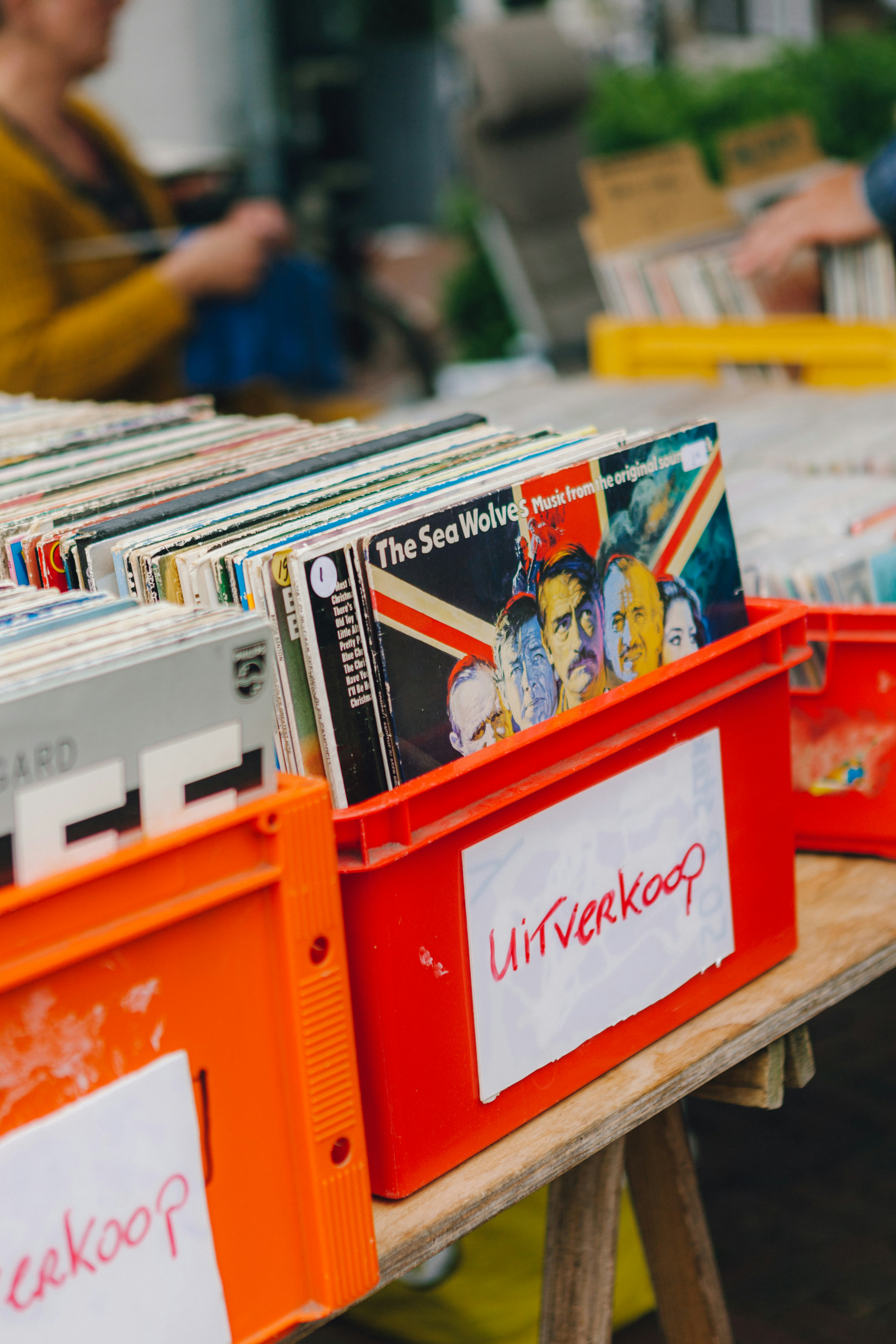 Close-up view of vinyl records stored in red crates, with the album cover for "The Sea Wolves" prominently displayed.