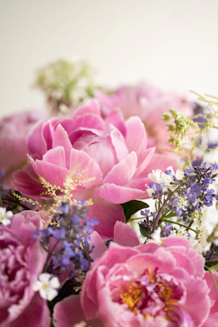 Close-up of a vibrant quinceañera bouquet with rich pink and coral flowers accented by delicate baby's breath.