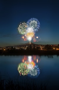 fireworks in the sky over a lake