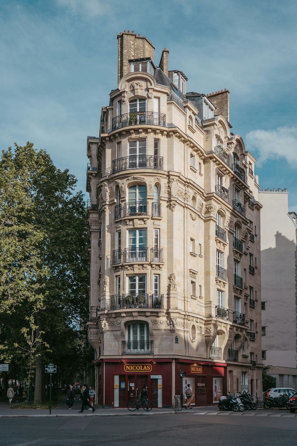 a tall building with a red door