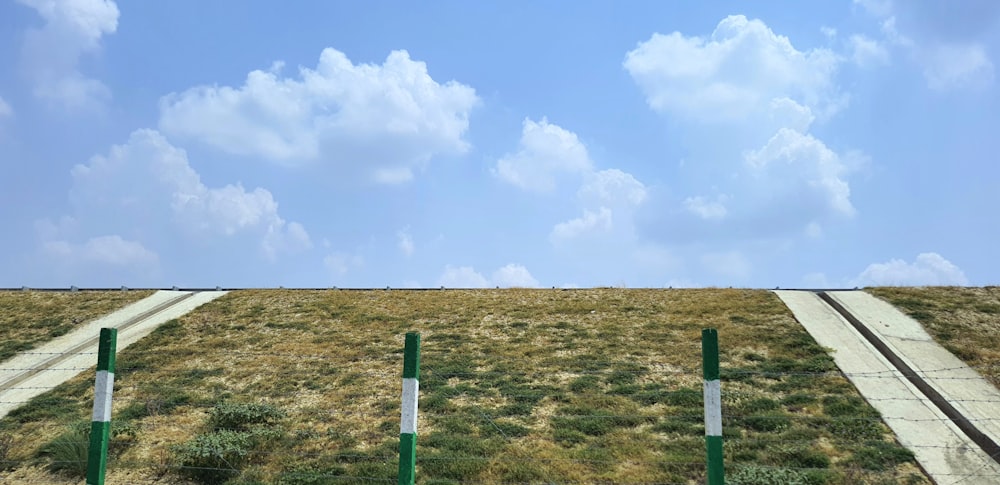 a road with grass and a blue sky