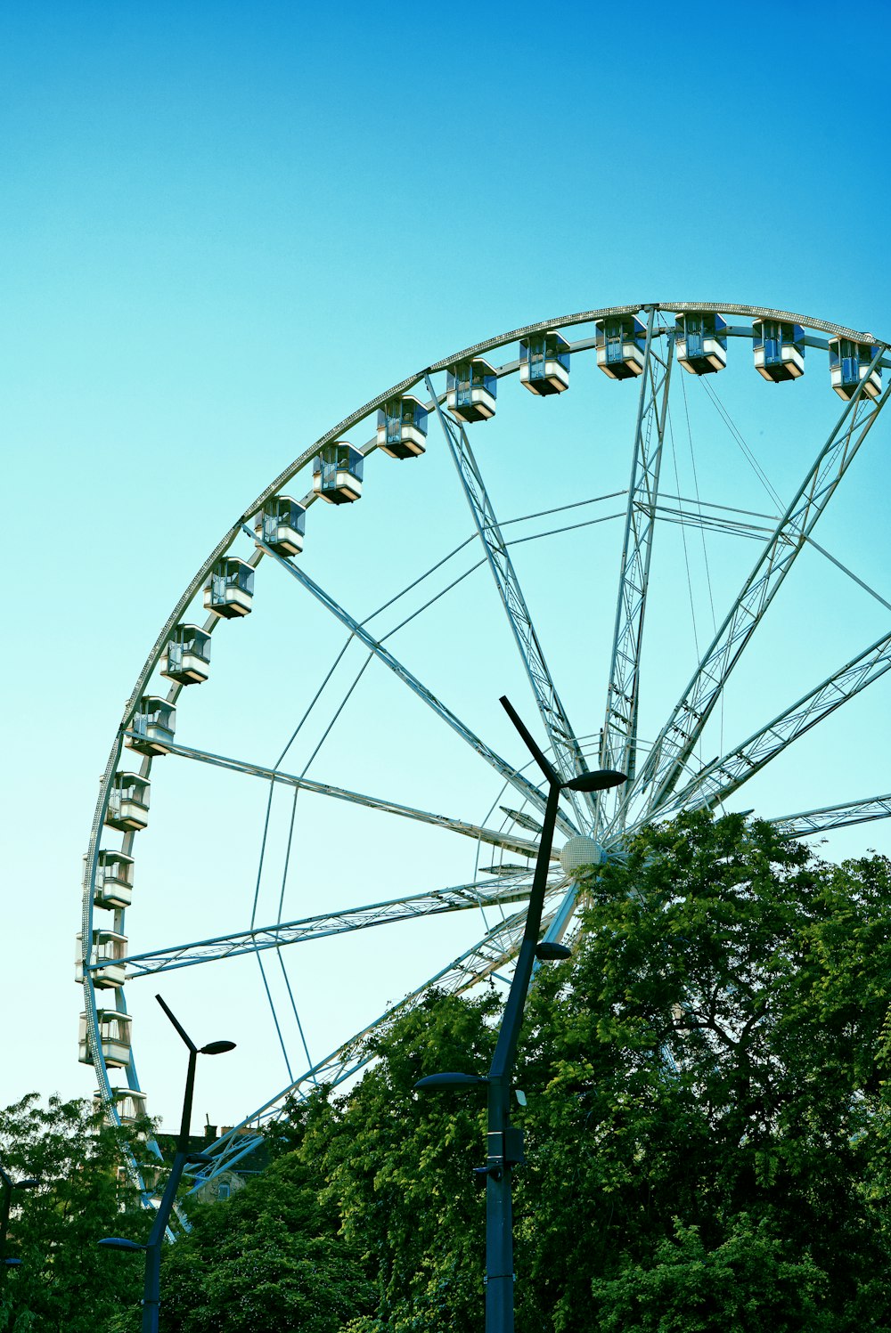 a ferris wheel with trees in the background
