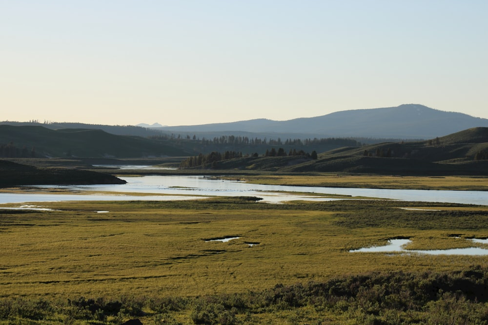 a large open field with a body of water in it