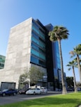 A modern multi-story office building with a facade featuring large glass windows and concrete panels. In the foreground, there are several palm trees and a few parked cars along a street. The sky is clear and blue, and the grass on the lawn is vibrant and well-maintained.