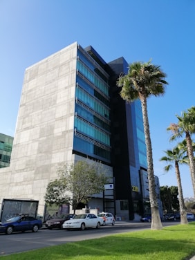 A modern multi-story office building with a facade featuring large glass windows and concrete panels. In the foreground, there are several palm trees and a few parked cars along a street. The sky is clear and blue, and the grass on the lawn is vibrant and well-maintained.