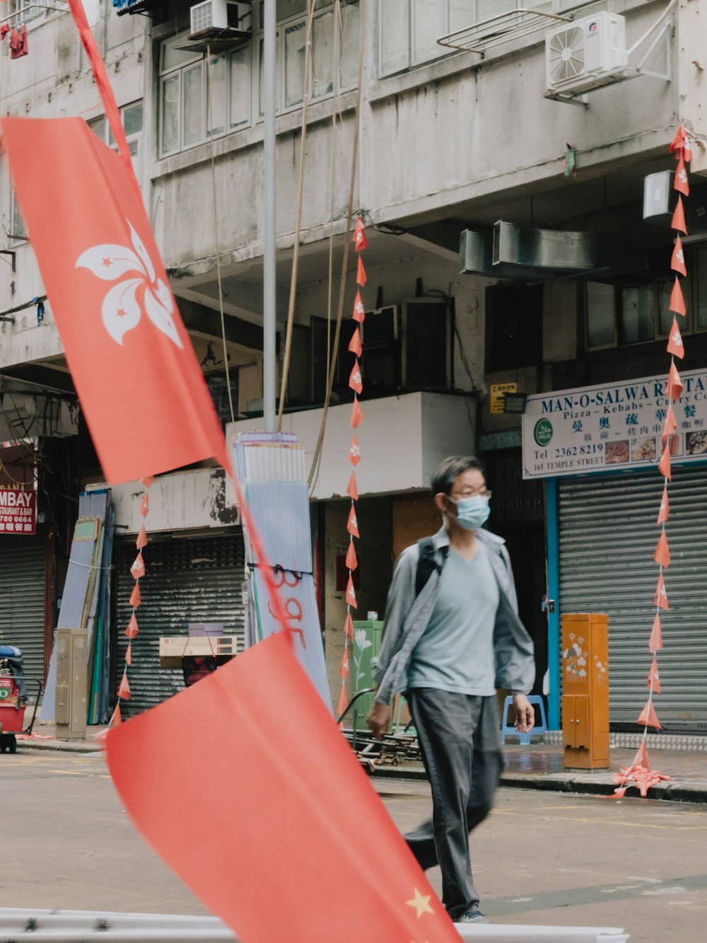 a person wearing a mask and holding a flag