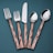 A set of cutlery consisting of two forks, a knife, and two spoons arranged vertically on a teal background. The handles have a copper tone with a textured, faceted design, while the fork and spoon heads, including the knife blade, are polished, reflecting light.