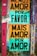A wall covered with colorful graffiti and posters. Two prominent posters with large black text on multicolored backgrounds. One reads 'Menos Amor Por Favor' and the other 'Mais Amor Por Amor'. The wall also has various other small stickers and graffiti in different colors, mainly purple and teal.