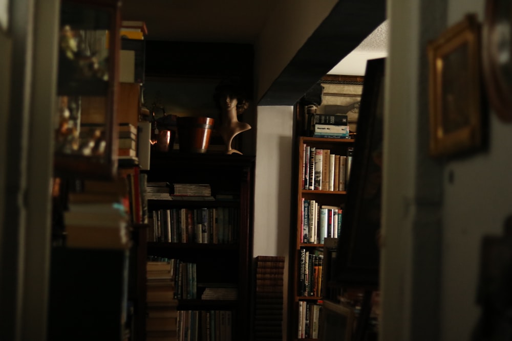 a room with books on shelves