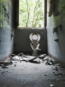 A dilapidated bathroom with a broken toilet and scattered debris on the floor. The walls are tiled in blue and covered with graffiti. A large window at the far end allows natural light to illuminate the room, revealing overgrown vegetation outside.