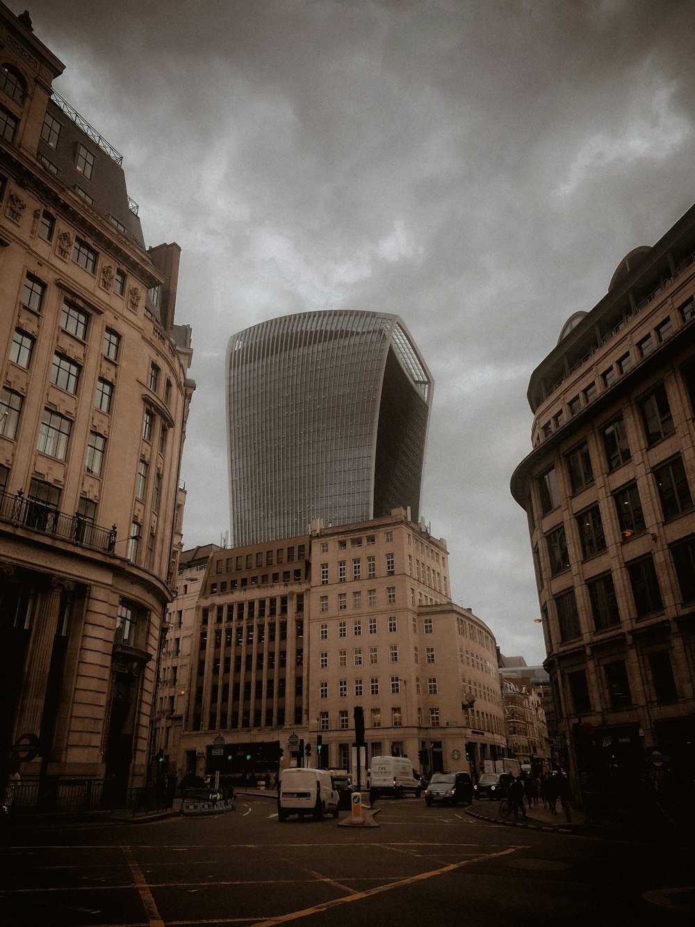 a city street with tall buildings