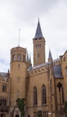A historic castle with brown stone walls, featuring tall, pointed towers and arched windows. Ivy climbs parts of the walls, adding a touch of greenery against the stone. The architecture showcases medieval elements, with various levels and intricate details around the windows.