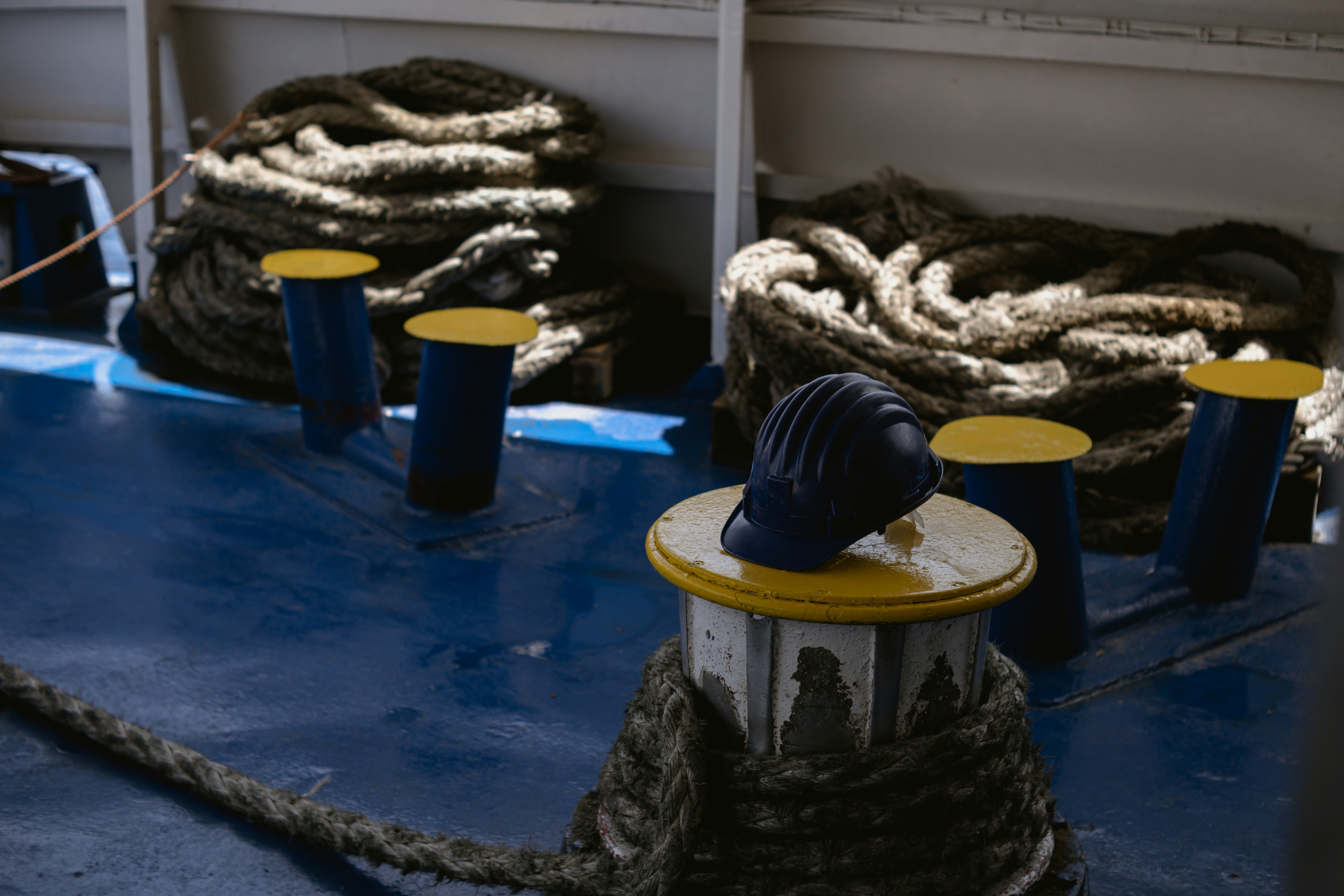 a group of blue buckets