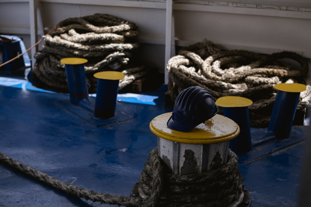 a group of blue buckets