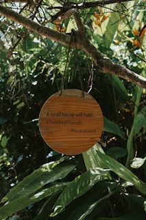 A round wooden sign hangs from a tree branch in a lush, green environment filled with large leaves and plants. The sign bears the inscription, 'A small house will hold a hundred friends. - African proverb'. The natural surroundings give a feeling of tranquility and connectedness with nature.